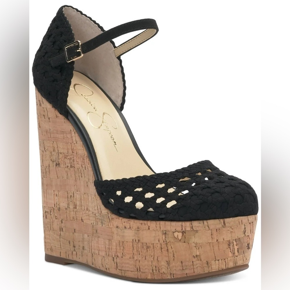 NEW! JESSICA SIMPSON Womens Black Marshela Cork Wedge Sandal 9.5📦